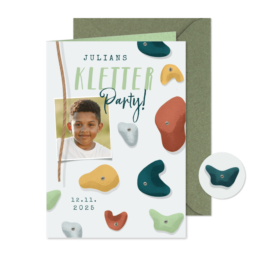 Foto-Einladung Kletterparty grün Kindergeburtstag - Karteneindruck
