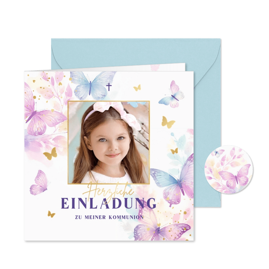 Foto-Einladung Kommunion fröhliche Schmetterlinge - Kartenvorschau
