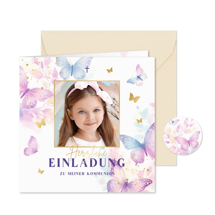 Foto-Einladung Kommunion fröhliche Schmetterlinge - Karteneindruck