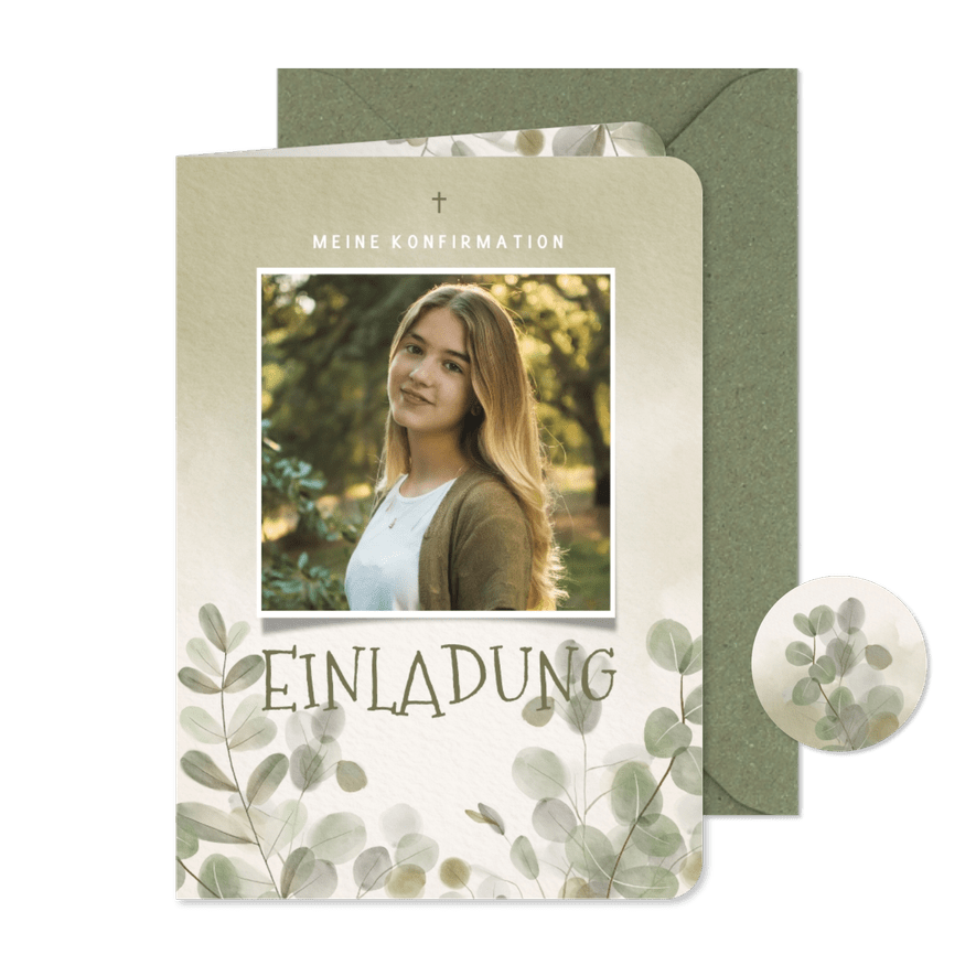 Foto-Einladung Konfirmation Eukalyptus Aquarell - Karteneindruck
