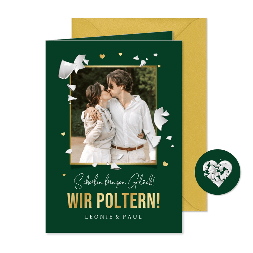 Foto-Einladung Polterabend Scherben und Goldschrift - Karteneindruck
