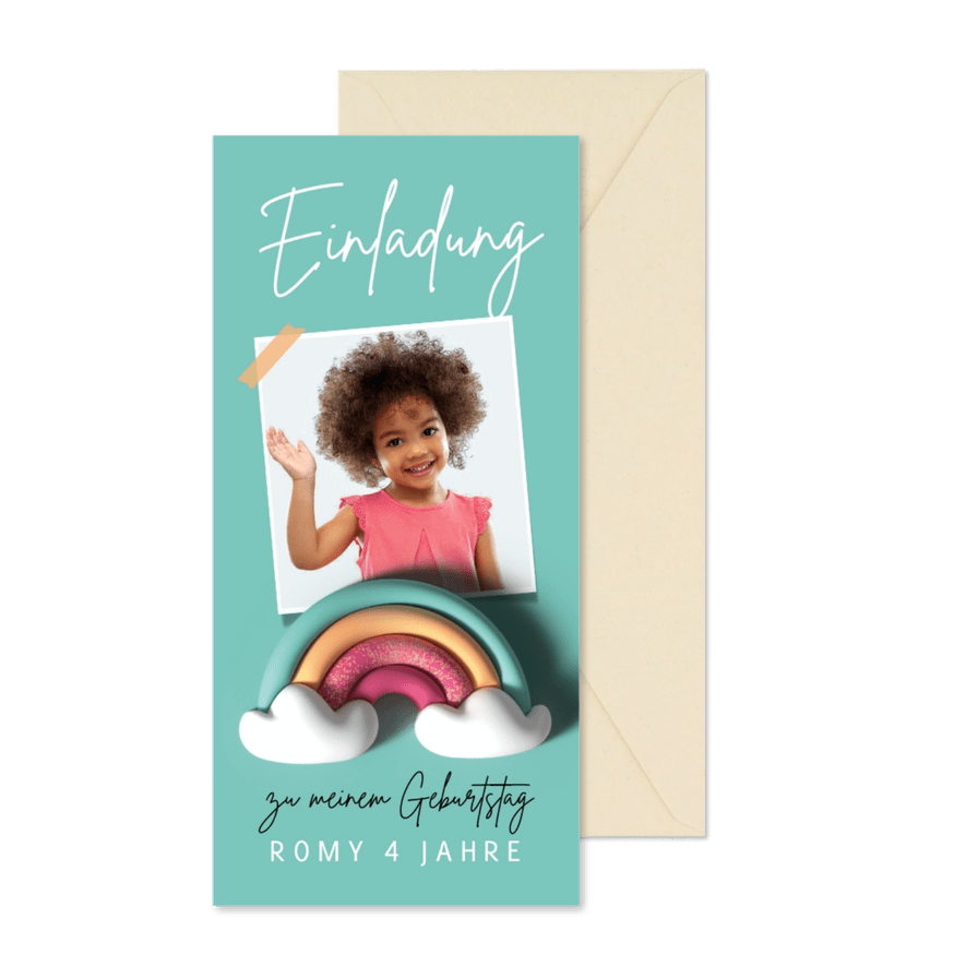 Foto-Einladung Regenbogen 4. Kindergeburtstag - Karteneindruck