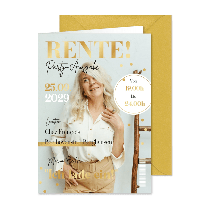 Foto-Einladung 'Rente' Frau Zeitschrift - Karteneindruck
