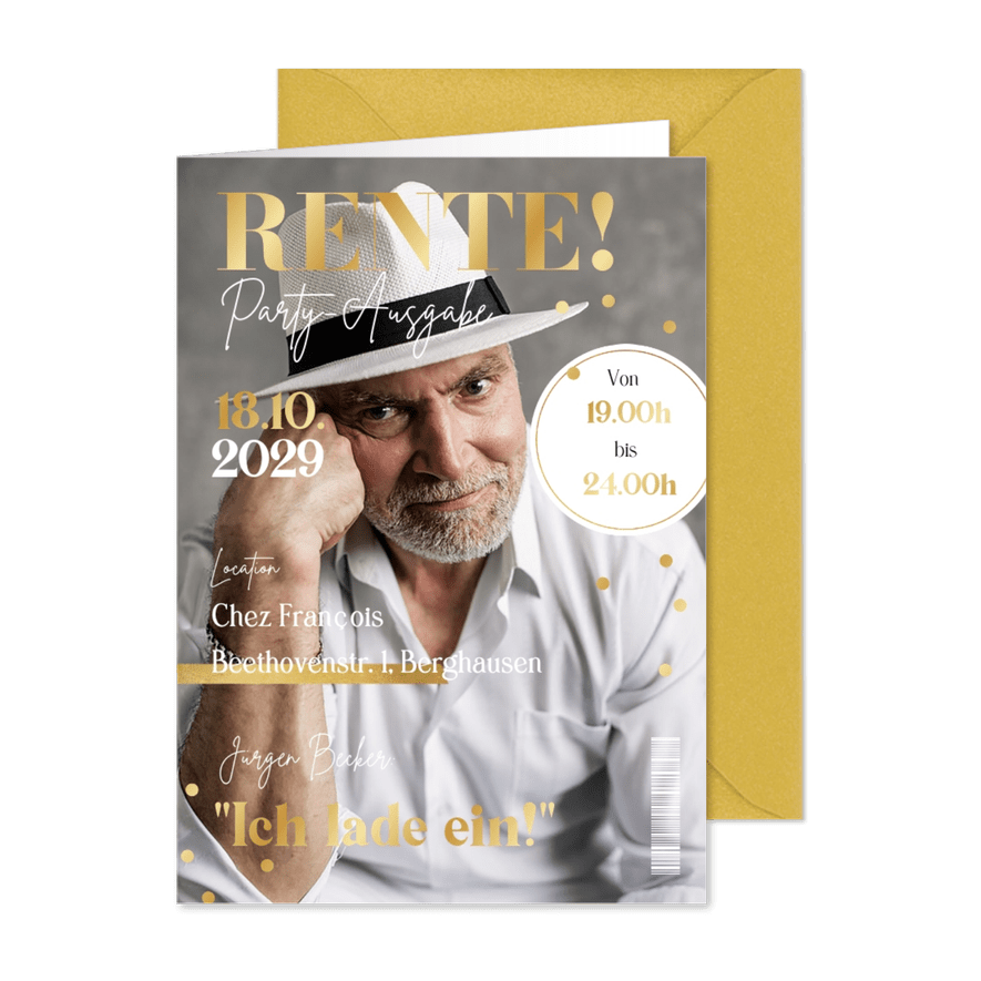 Foto-Einladung 'Rente' Mann Zeitschrift - Karteneindruck
