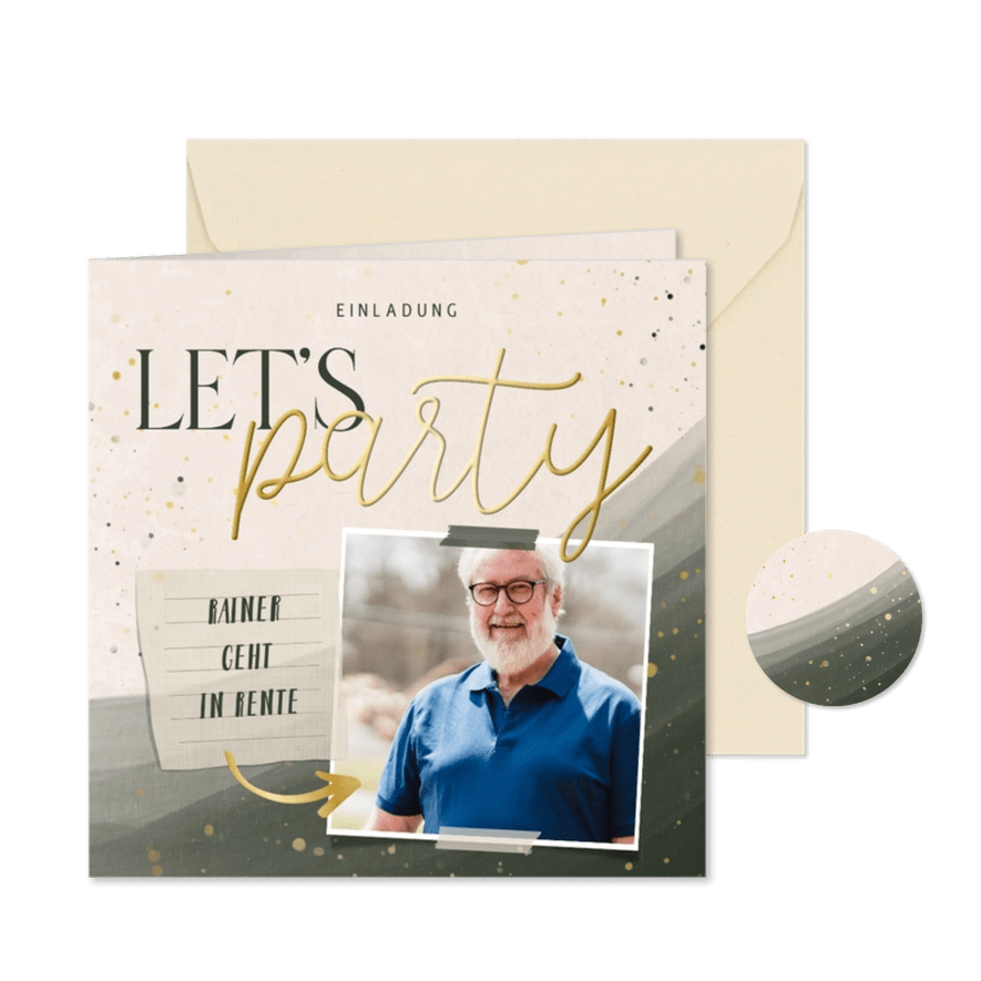 Foto-Einladung Rentenbeginn graugrün 'Let's party' - Karteneindruck