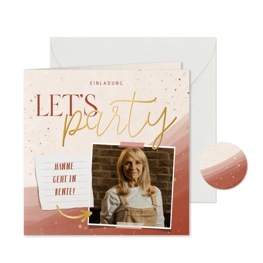 Foto-Einladung Rentenbeginn rostrot 'Let's party' - Karteneindruck