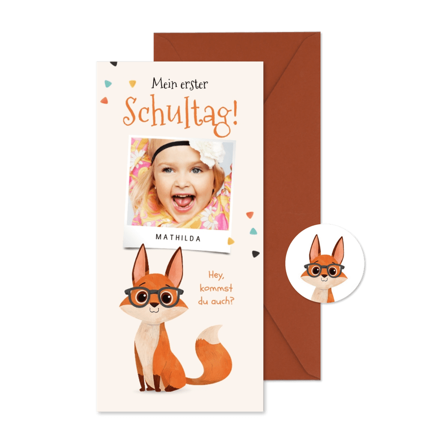 Foto-Einladung Schulanfang schlauer Fuchs mit Brille - Karteneindruck