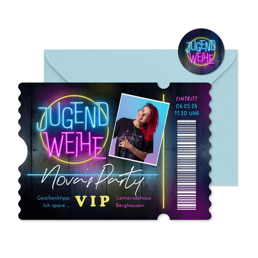 Foto-Einladung V.I.P.-Ticket Neon Jugendweihe - Karteneindruck
