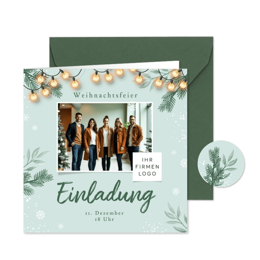 Foto-Einladung Weihnachtsessen Mitarbeiter Lichterkette - Karteneindruck