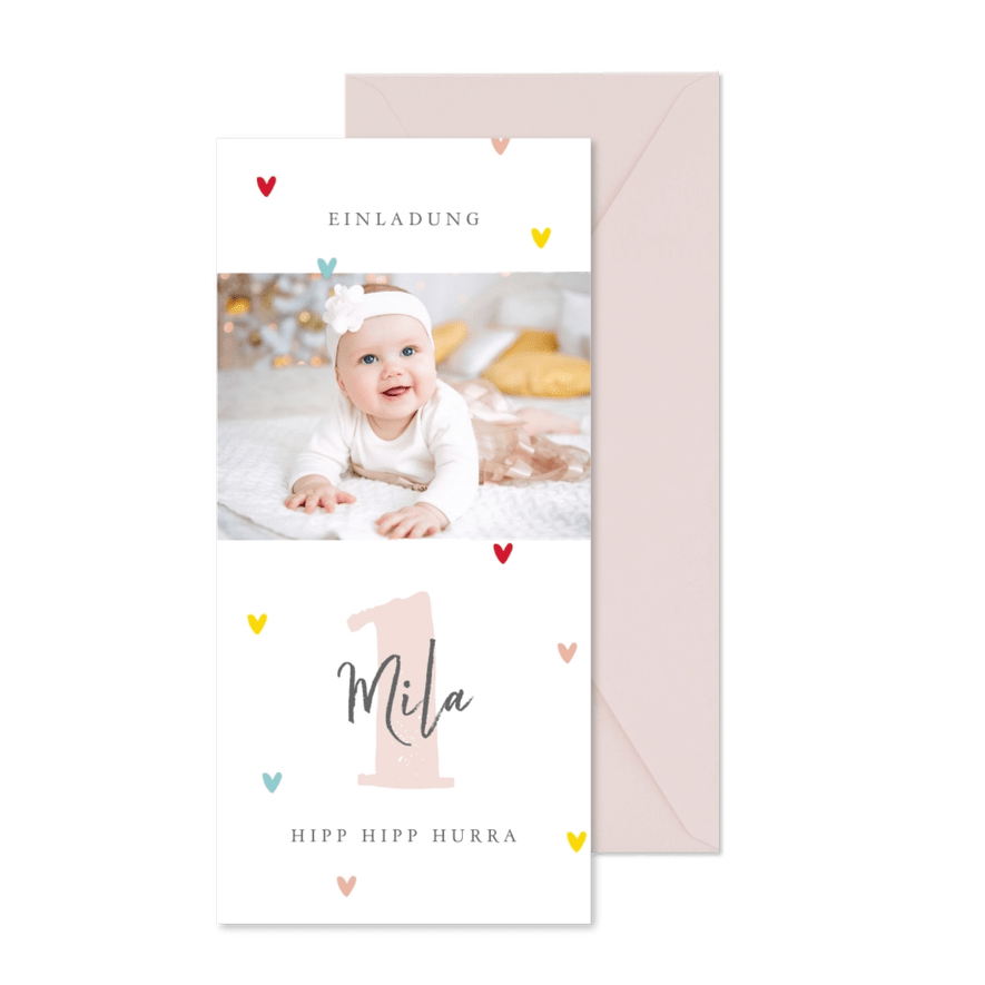 Foto-Einladung zum 1. Kindergeburtstag bunte Herzchen - Karteneindruck
