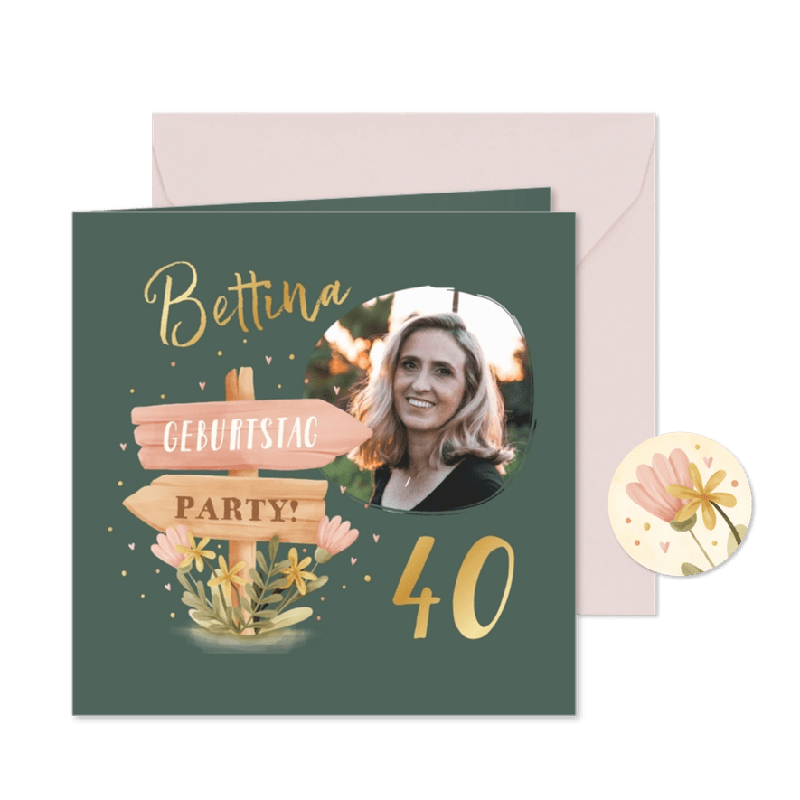 Foto-Einladung zum Geburtstag Wegweiser Blumen - Karteneindruck
