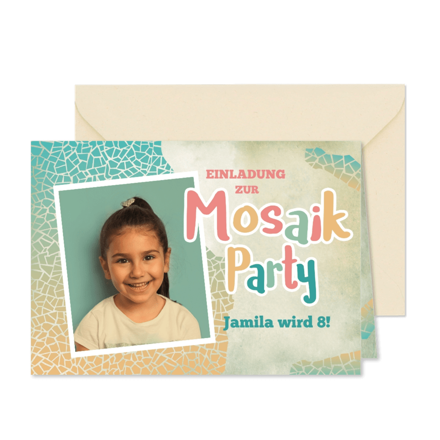 Foto-Einladung zum Mosaik-Kindergeburtstag 8 Jahre - Karteneindruck
