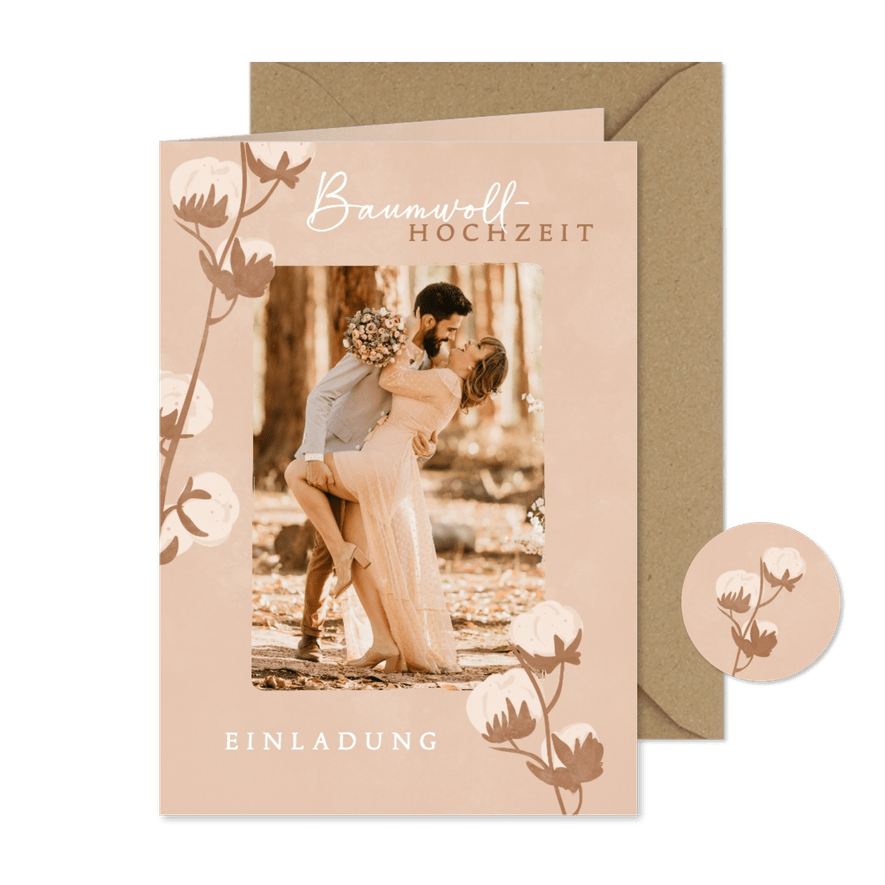 Foto-Einladung zur Baumwollhochzeit Baumwollblüten - Karteneindruck
