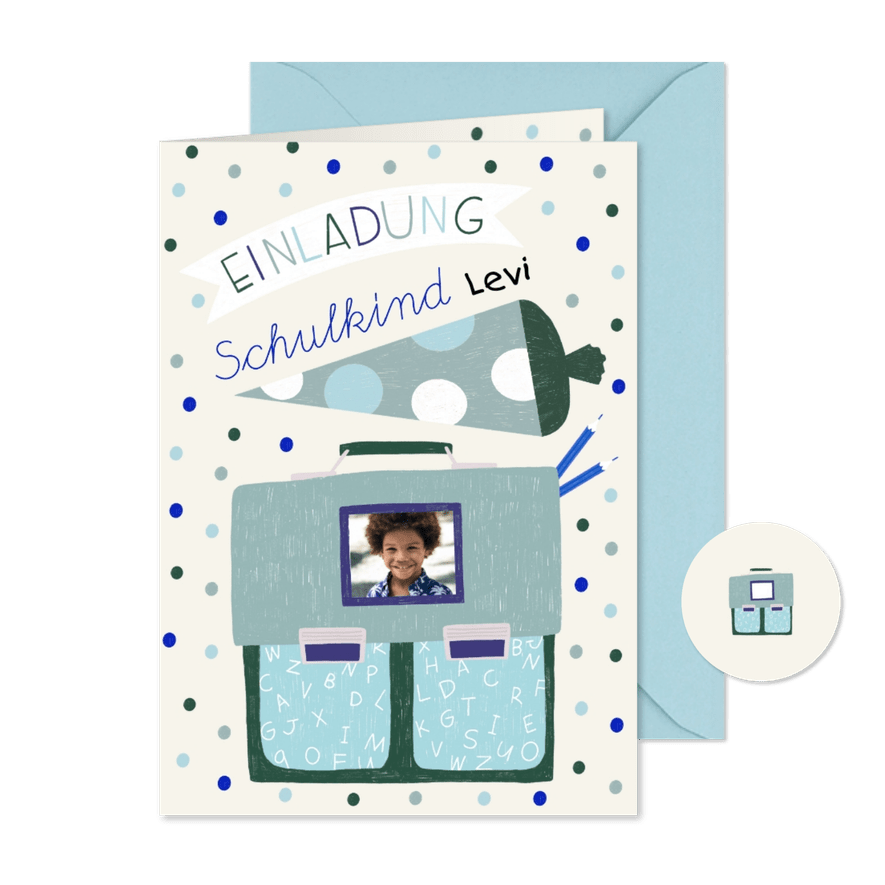 Foto-Einladung zur Einschulung blau Schulranzen & Schultüte - Karteneindruck
