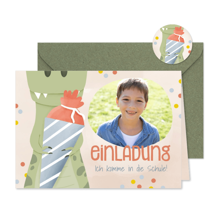 Foto-Einladung zur Einschulung Dino mit Schultüte - Karteneindruck