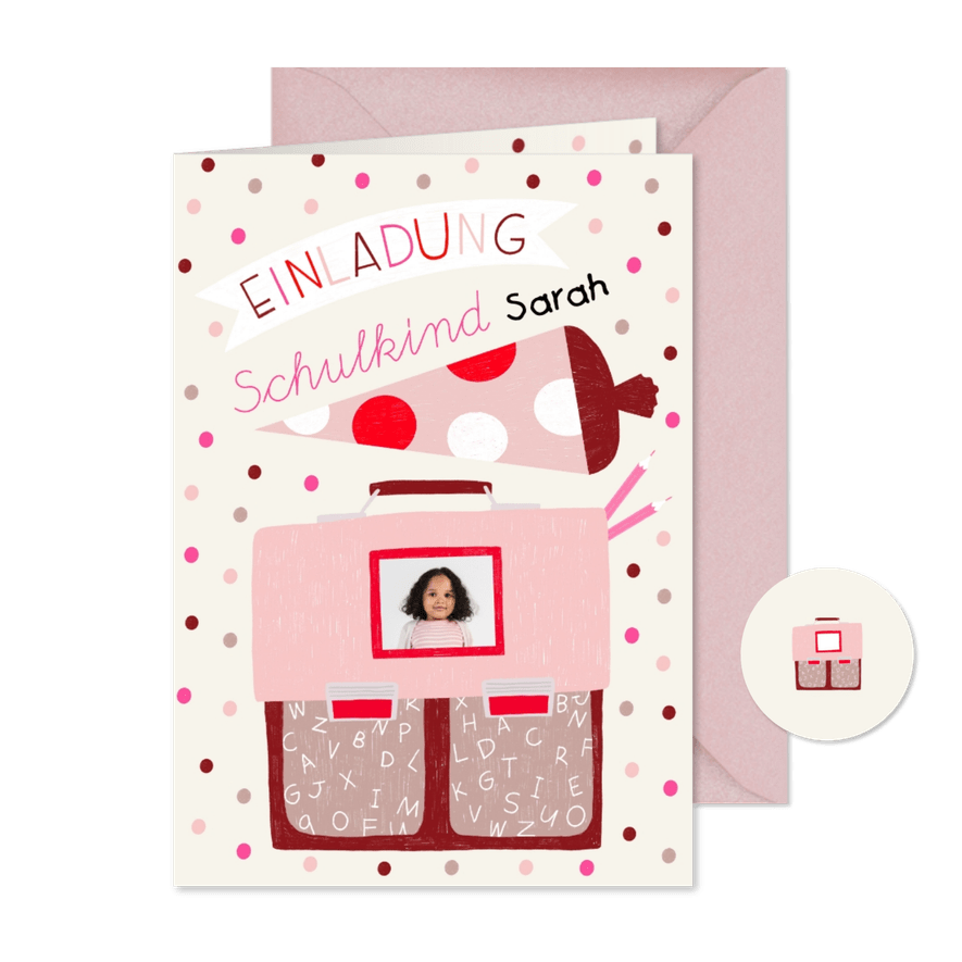 Foto-Einladung zur Einschulung rosa Schulranzen & Schultüte - Karteneindruck