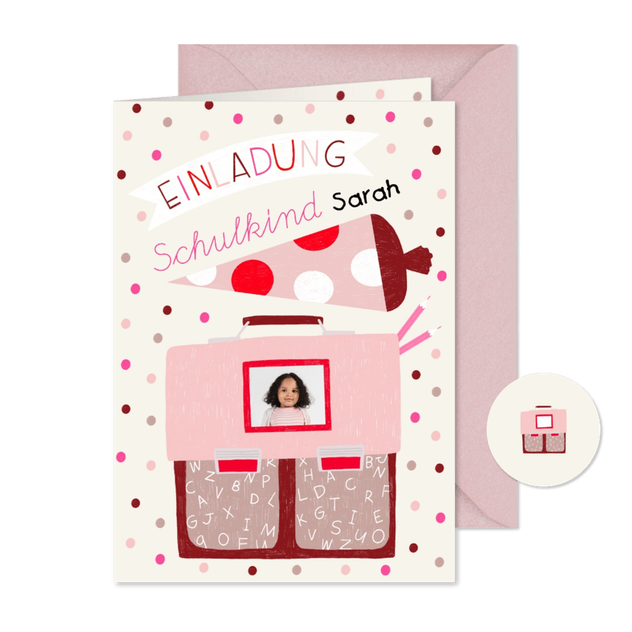 Foto-Einladung zur Einschulung rosa Schulranzen & Schultüte - Karteneindruck