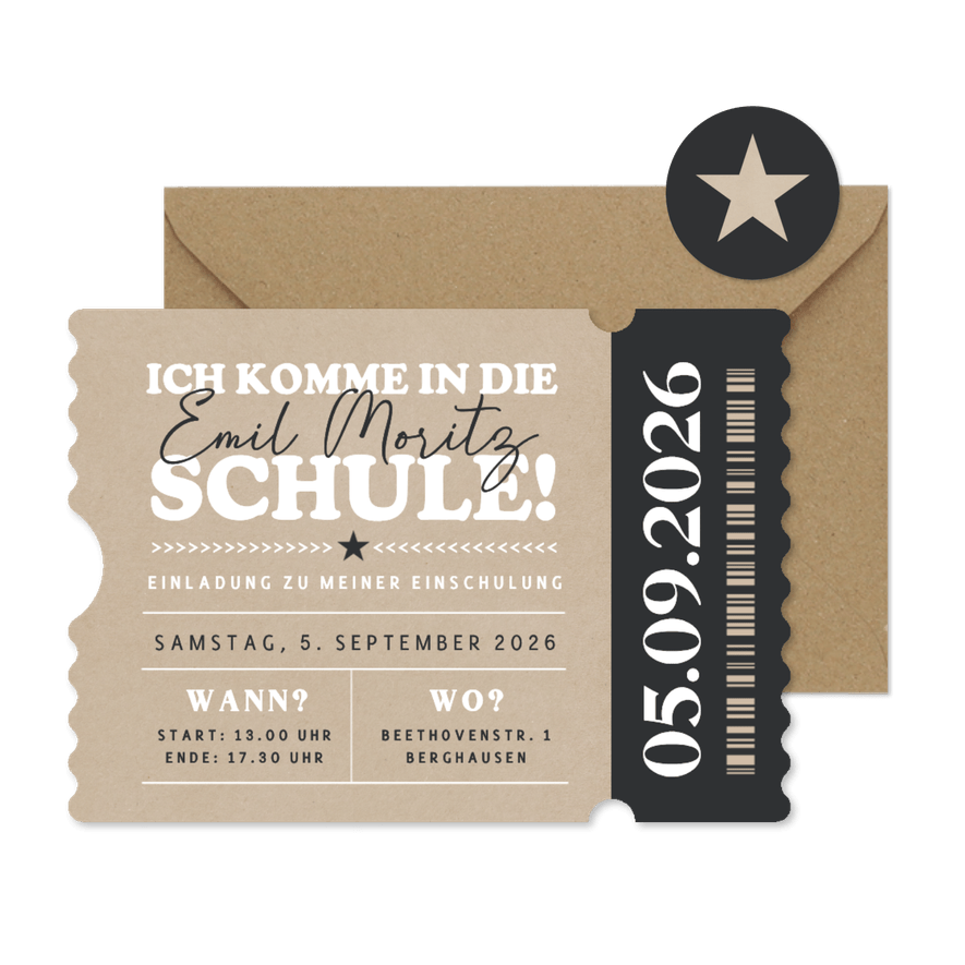 Foto-Einladung zur Einschulung Ticket Kraftlook - Karteneindruck
