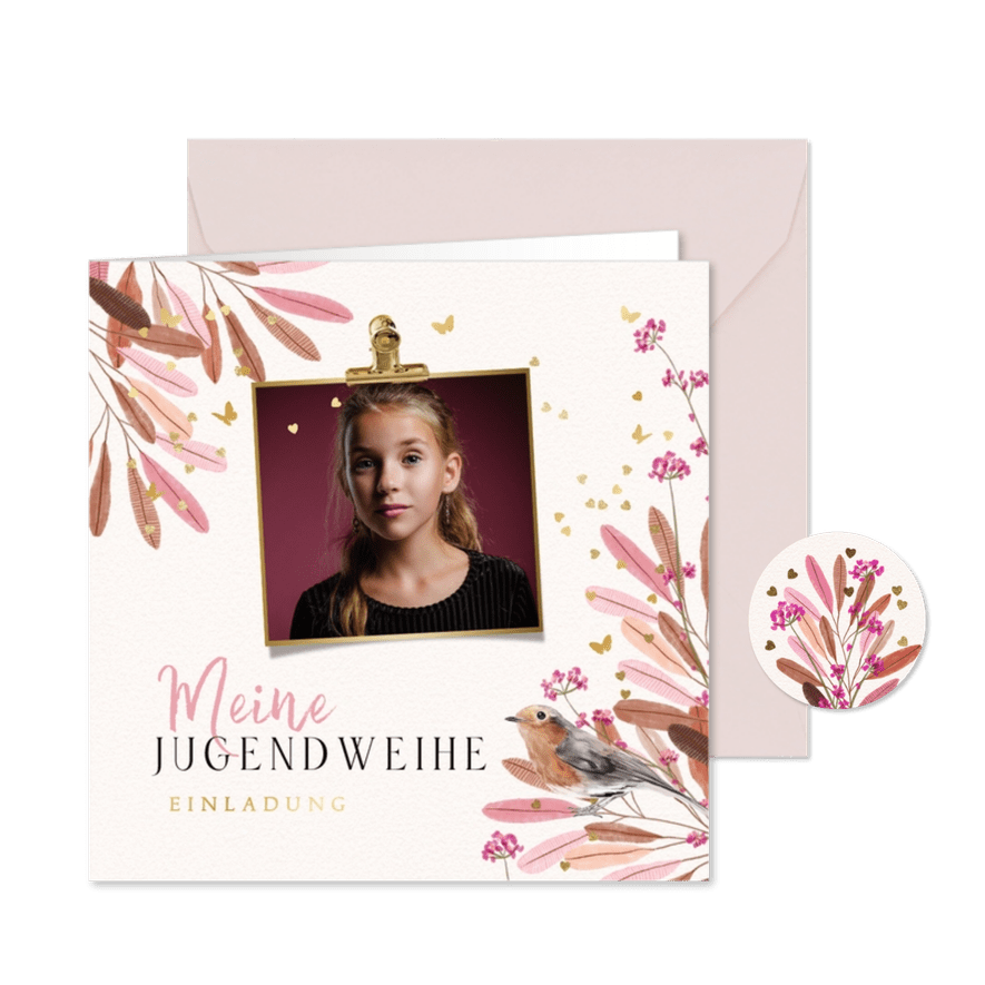 Foto-Einladung zur Jugendweihe Vogel & Zweige - Karteneindruck