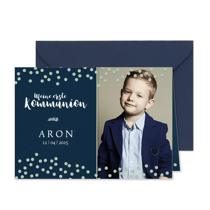 Foto-Einladung zur Kommunion grüne Konfetti - Karteneindruck
