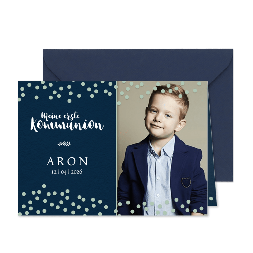 Foto-Einladung zur Kommunion grüne Konfetti - Karteneindruck
