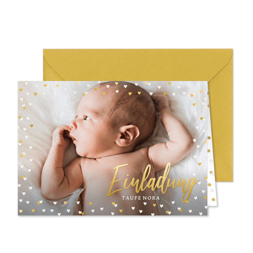 Foto-Einladung zur Taufe Herzrahmen - Karteneindruck