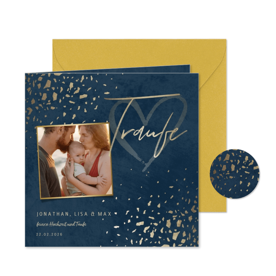 Foto-Einladung zur Traufe in dunkelblau mit Goldrand - Karteneindruck
