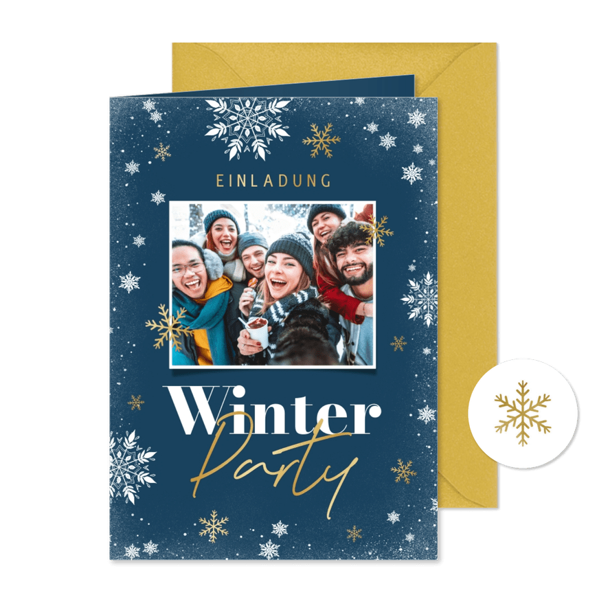 Foto-Einladung zur Winterparty Schneeflocken Blau mit Gold - Karteneindruck