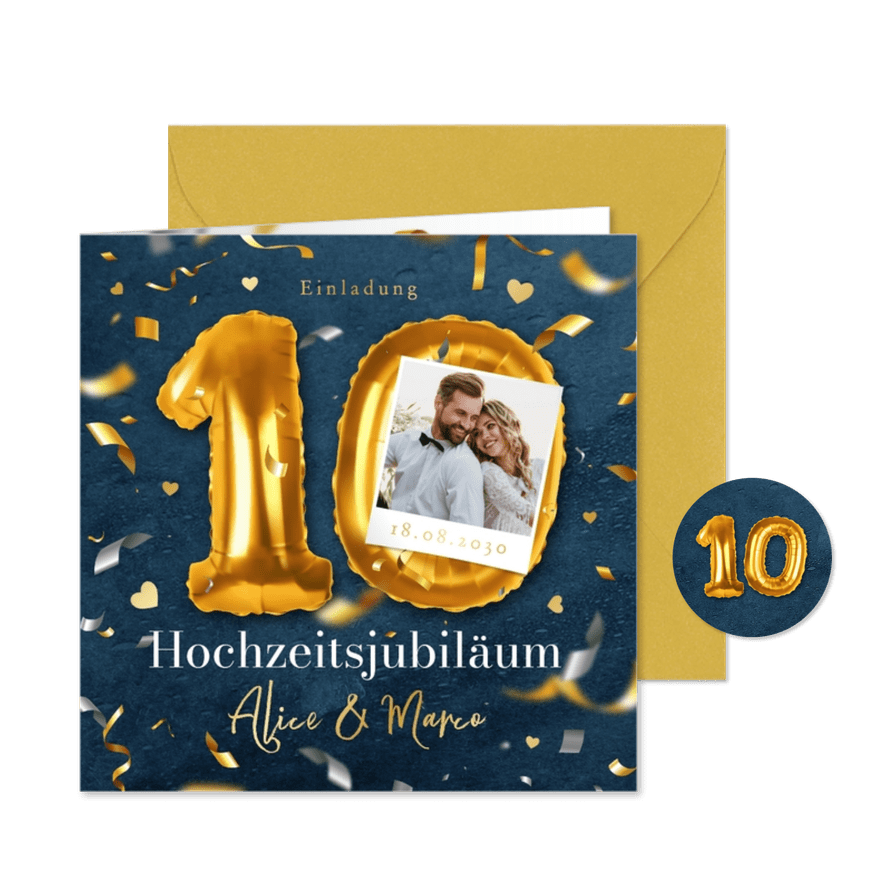 Foto-Einladungskarte 10. Hochzeitsjubiläum Folienballon - Karteneindruck