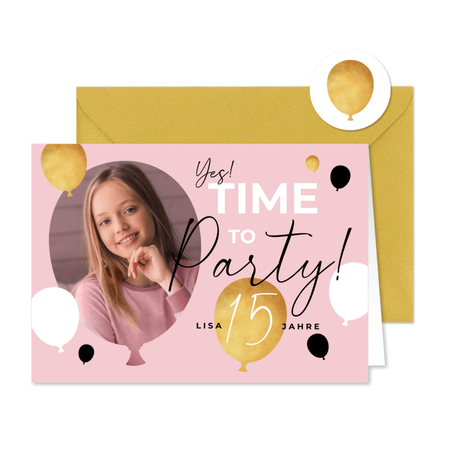 Foto-Einladungskarte 15. Geburtstag 'Time to Party' - Karteneindruck