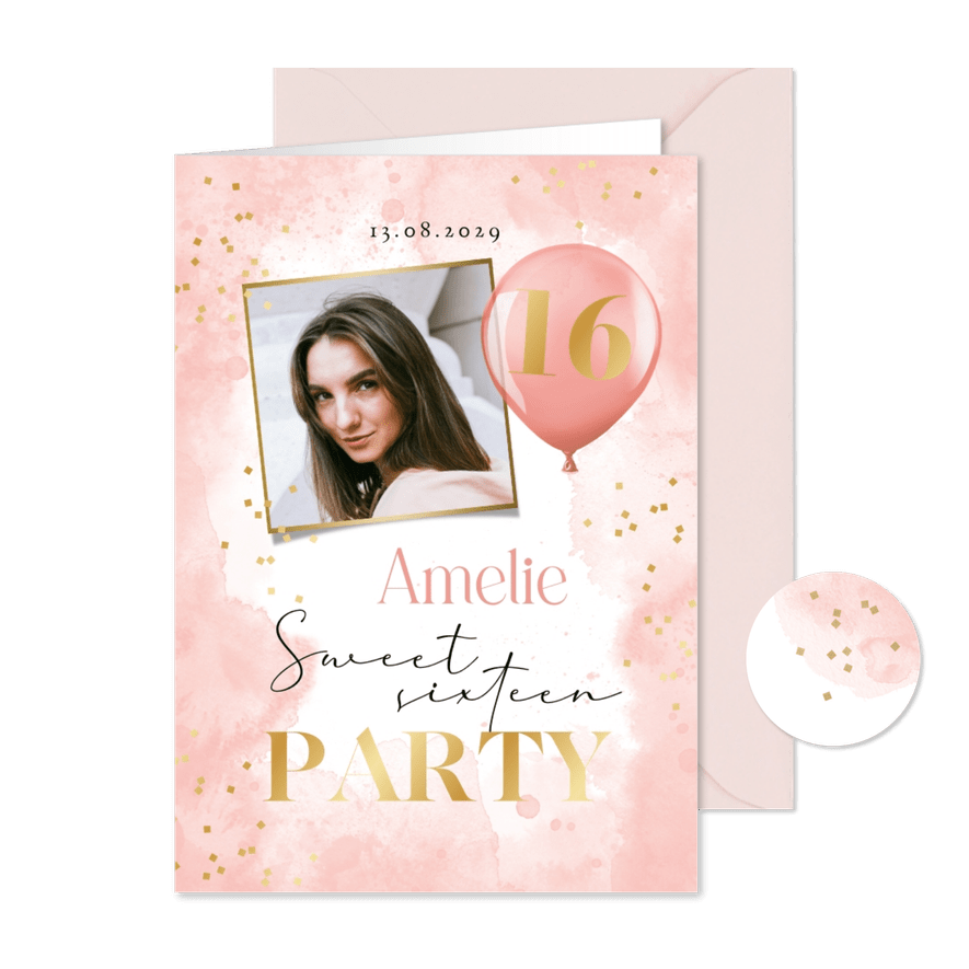 Foto-Einladungskarte 16. Geburtstag Sweet Sixteen rosa - Karteneindruck

