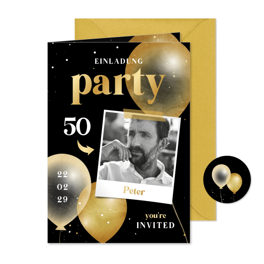 Foto-Einladungskarte 50. Geburtstag Luftballons - Karteneindruck