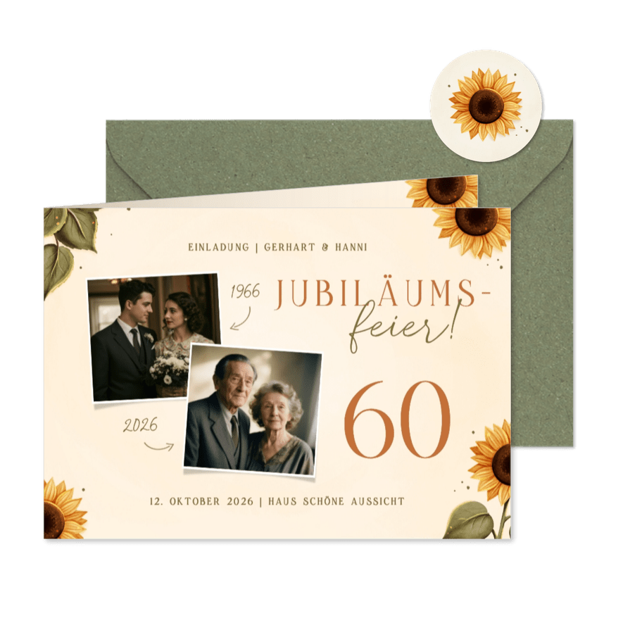 Foto-Einladungskarte 60. Hochzeitsjubiläum Sonnenblumen - Karteneindruck
