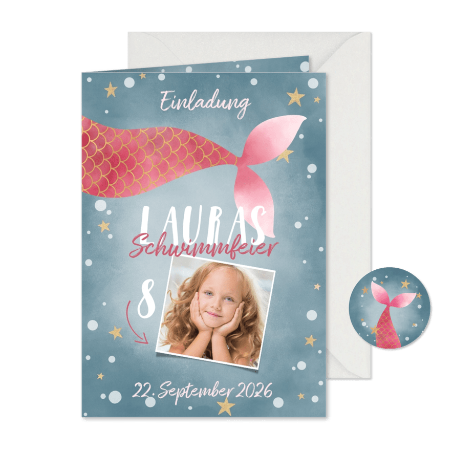 Foto Einladungskarte 8. Kindergeburtstag Schwimmfeier - Karteneindruck

