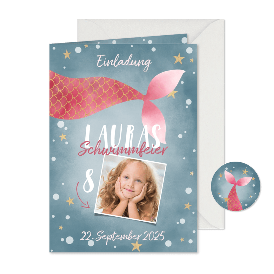 Foto Einladungskarte 8. Kindergeburtstag Schwimmfeier - Karteneindruck