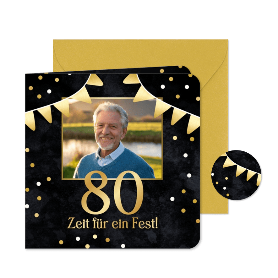 Foto-Einladungskarte 80. Geburtstag goldene Fähnchen - Karteneindruck
