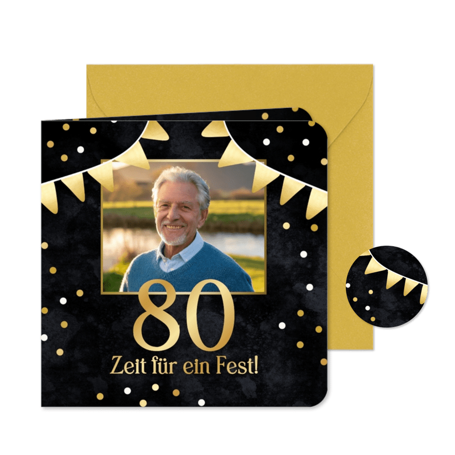 Foto-Einladungskarte 80. Geburtstag goldene Fähnchen - Kartenvorschau