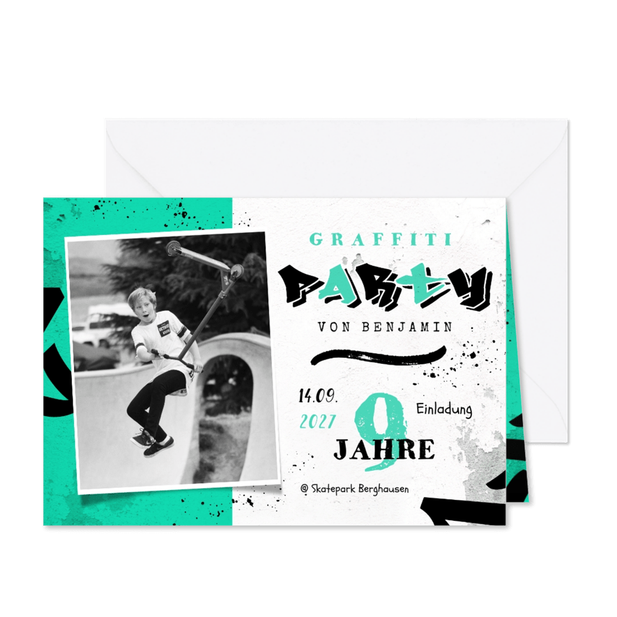 Foto-Einladungskarte 9. Geburtstag Graffiti  - Karteneindruck
