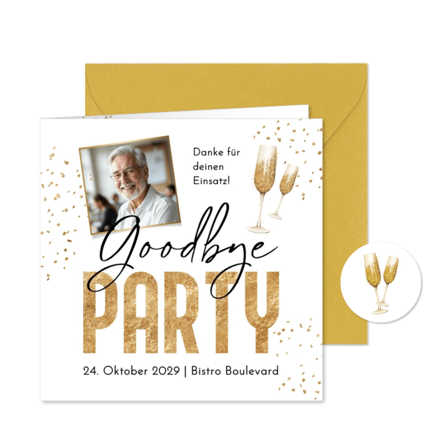 Foto-Einladungskarte Abschiedsfest Kollege Sektgläser - Karteneindruck
