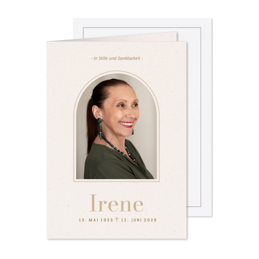 Foto-Einladungskarte Beerdigung Rundbogen beige - Karteneindruck