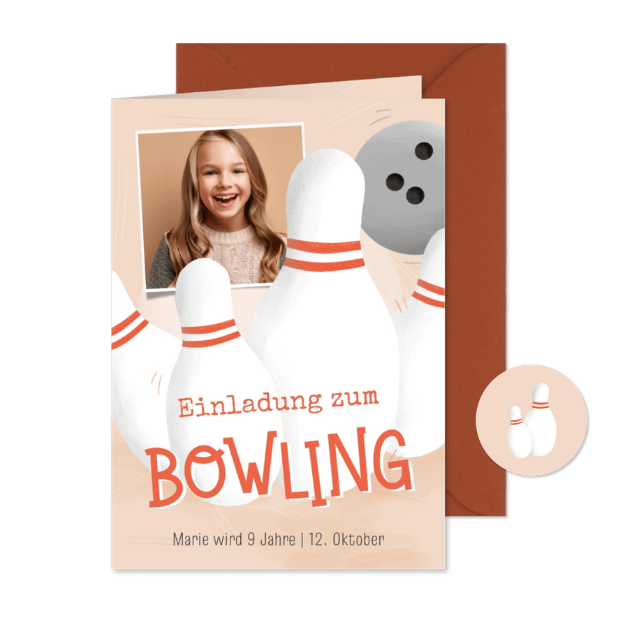 Foto-Einladungskarte Bowling 9. Kindergeburtstag - Karteneindruck