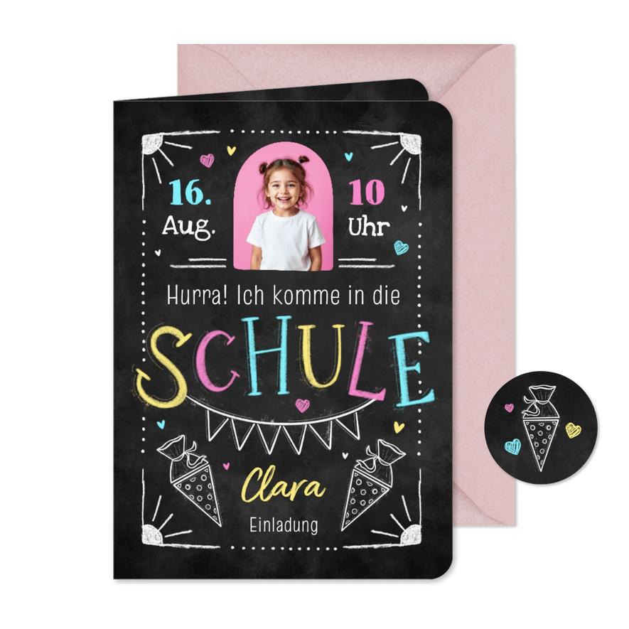 Foto-Einladungskarte Einschulung bunte Kreide-Doodles - Kartenvorschau