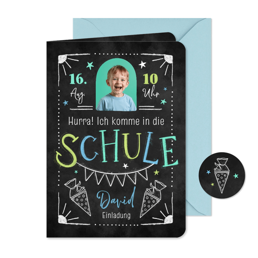 Foto-Einladungskarte Einschulung Kreide Doodles - Kartenvorschau
