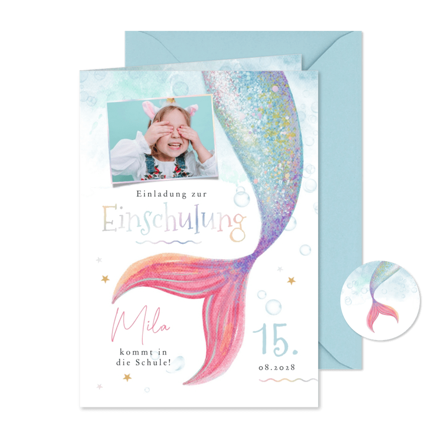 Foto-Einladungskarte Einschulung Meerjungfrau - Karteneindruck