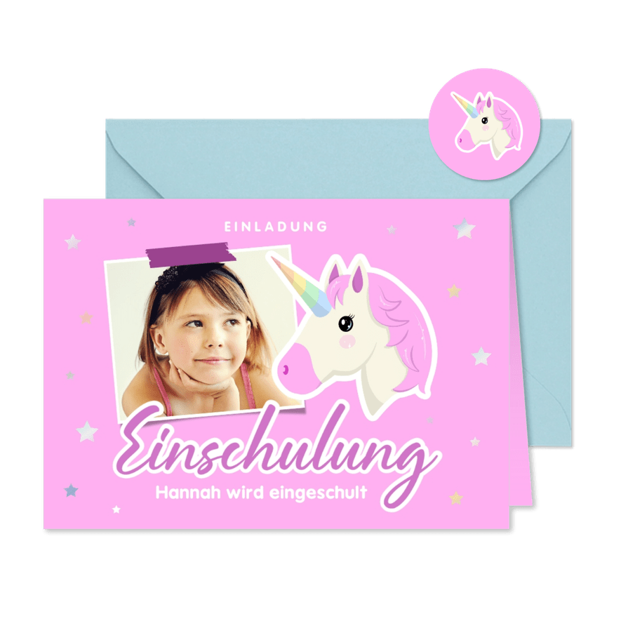 Foto-Einladungskarte Einschulung Pink Unicorn - Karteneindruck