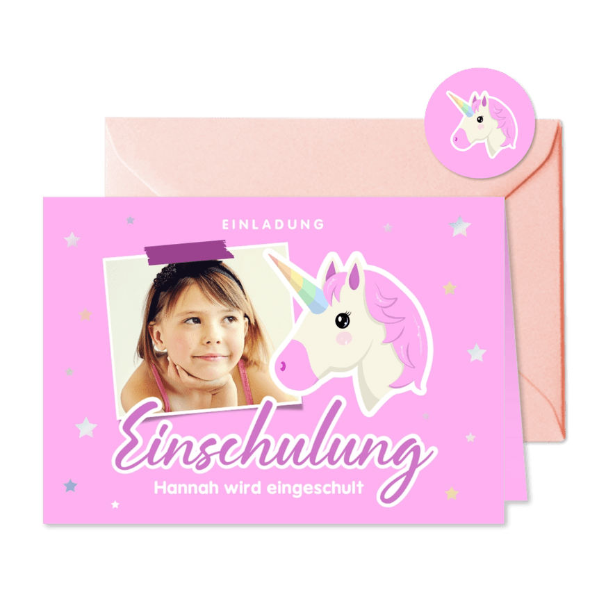 Foto-Einladungskarte Einschulung Pink Unicorn - Karteneindruck
