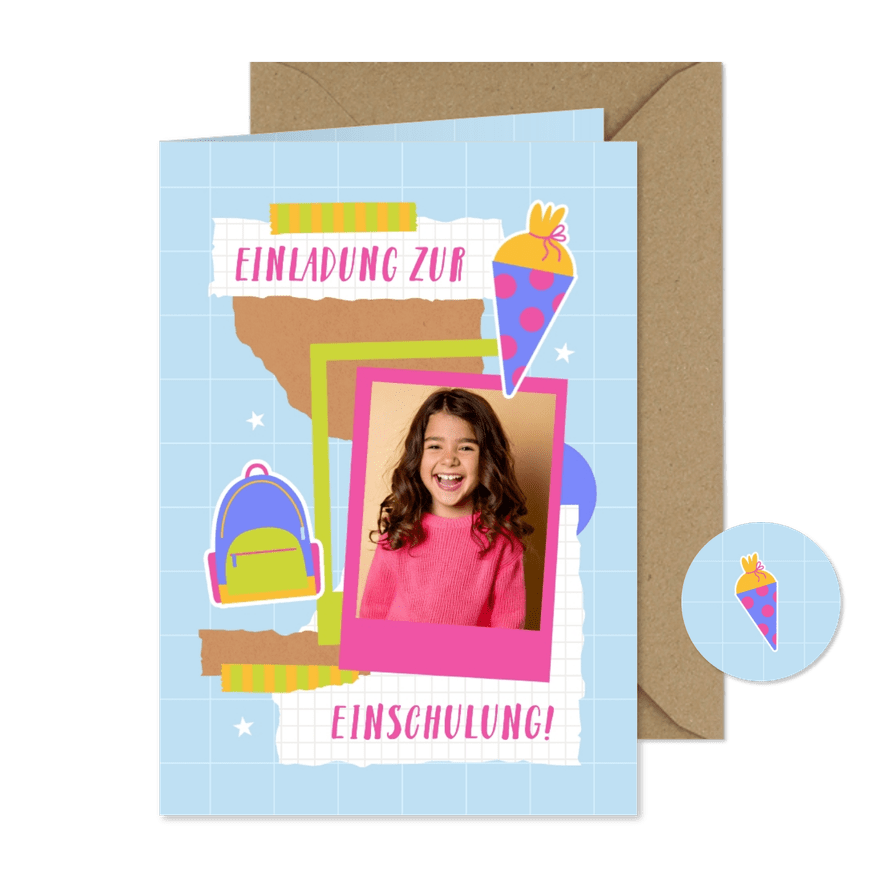 Foto-Einladungskarte Einschulung Scrapbook - Karteneindruck