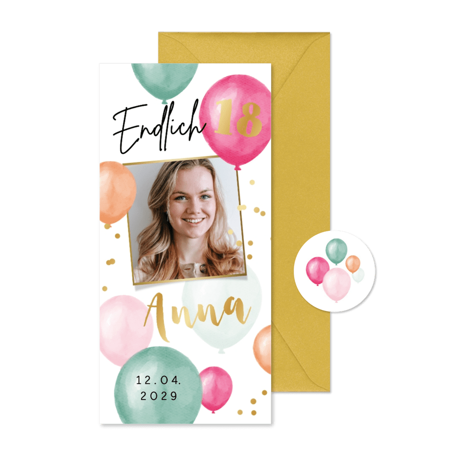 Foto Einladungskarte 'Endlich 18' Geburtstag Luftballons - Karteneindruck

