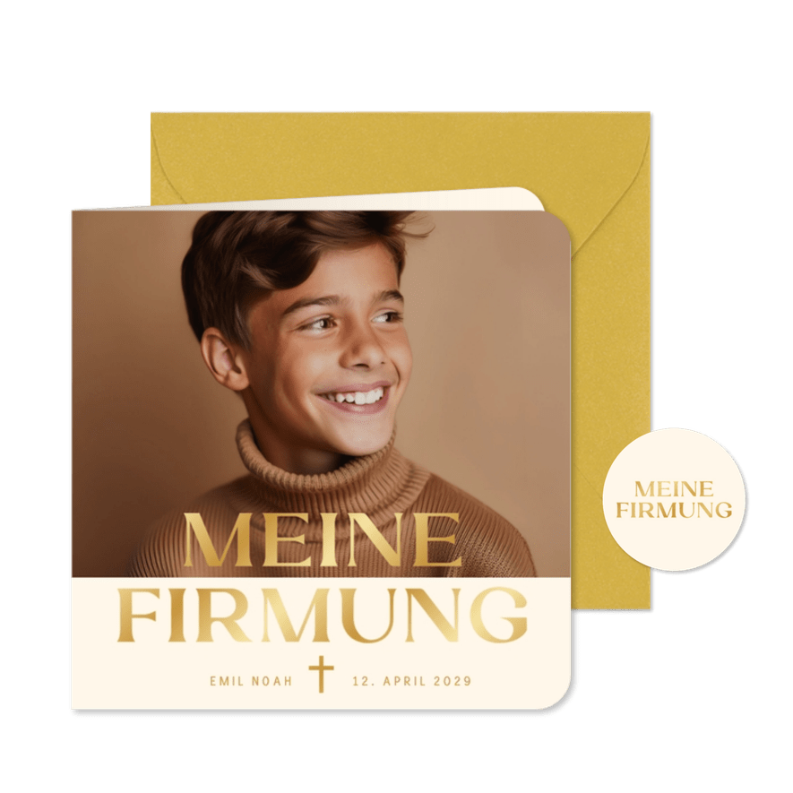 Foto-Einladungskarte Firmung Beige Braun Gold - Karteneindruck