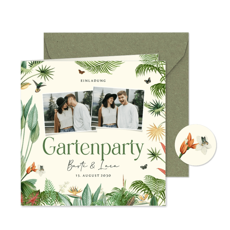 Foto-Einladungskarte Gartenparty tropische Pflanzen  - Karteneindruck
